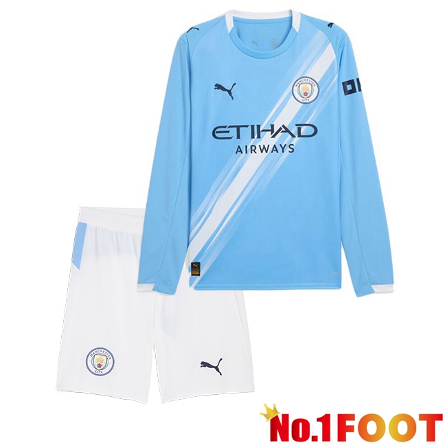Manchester City Kids Home Soccer Jersey Long sleeve Blue 2025/2026