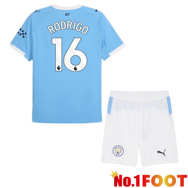Manchester City (Rodrigo 16) Kids Home Soccer Jersey Blue 2025/2026