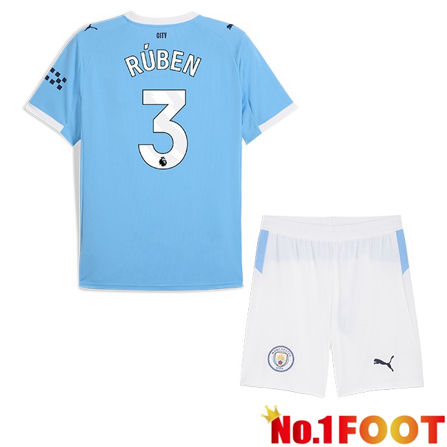 Manchester City (Ruben Dias 3) Kids Home Soccer Jersey Blue 2025/2026