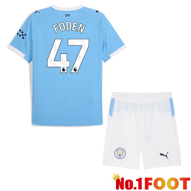 Manchester City (Phil Foden 47) Kids Home Soccer Jersey Blue 2025/2026