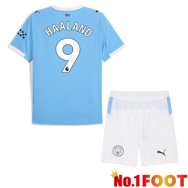 Manchester City (Erling Haaland 9) Kids Home Soccer Jersey Blue 2025/2026