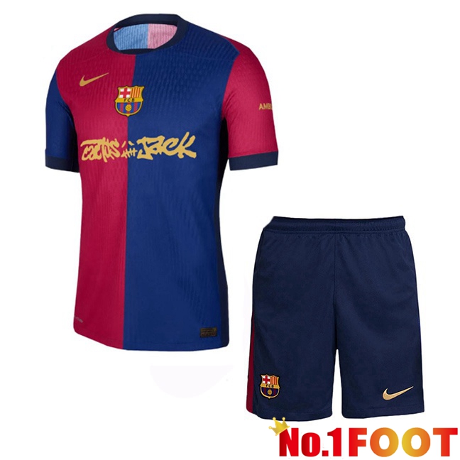 FC Barcelona Kids Home Soccer Jersey Travis Scott Blue Royal Red 2024/2025
