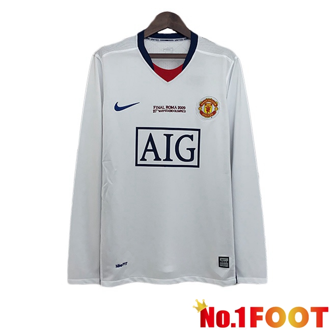 Manchester United Retro Champions League Away Soccer Jersey Long sleeve White 2008-2009